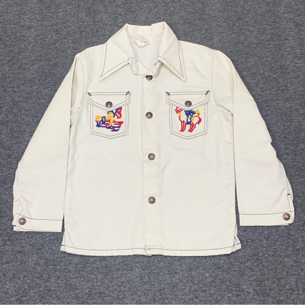 Vintage 70s Cowboy Rodeo‎ Embroidered Metal Snap White Canvas Shirt Youth Medium
